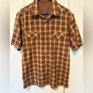 Kuhl Shirt Mens Large Brown Orange Plaid Short Sleeve Button Up Outdoor Hiking